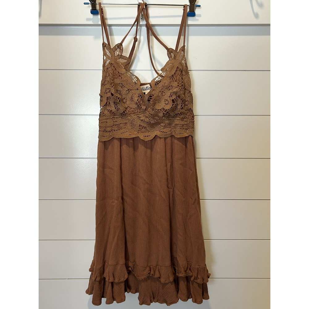 Boutique Listicle Bralette Cami Style Mini Brown Dress Sz S Whimsical Fairy Lace